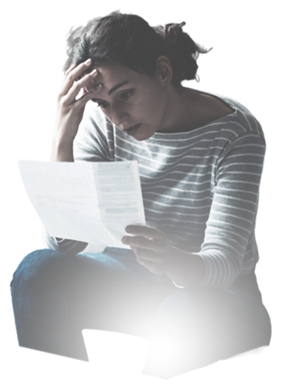 A stressed woman with her hand on her head